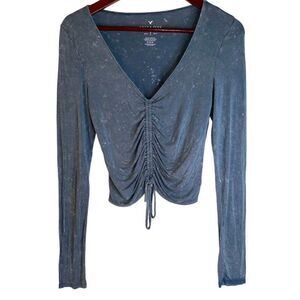 American Eagle Womens M Soft & Sexy Acid Washed Ruched Tie Front Crop Top